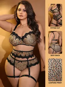 Valentine's Day Plus Size Leopard Print Women's Sexy Lingerie Set with Steel Ring, 5 Piece Bra Panty Garter Belt Leg Rings