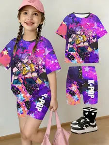 Summer Girls' Set, Drop Shoulder Short Sleeve Yoga Pants Two-Piece Set, Ink Starry Sky, K-Pop Cartoon, Casual