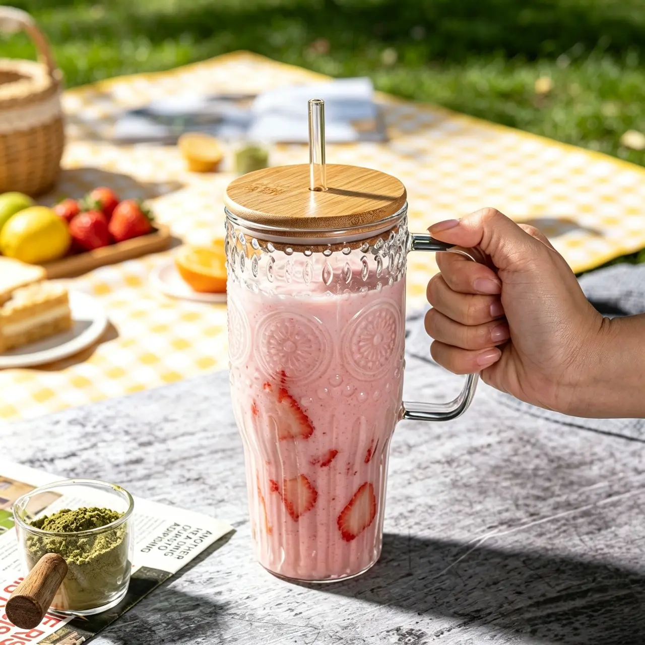 32oz Glass Mug with Handle and Bamboo Lid, Aesthetic Sunflower Tumbler for Iced Coffee, Smoothies & Hot Drinks, Reusable Travel Cup with Straw, Dishwasher Safe