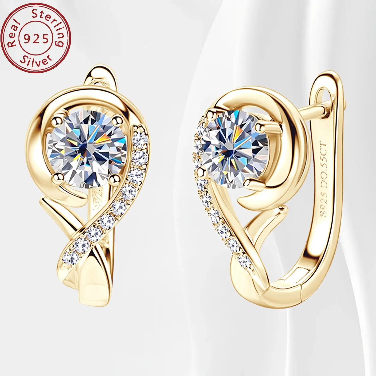 Silver Weight 2.74g, Moissanite 5mm*2pcs, 1mm*18pcs, 0.55ct*2pcs Pair of 925 Silver Rose Flower Earrings Elegant Fashion Moissanite Hoop Earrings Jewelry Holiday Gift, Symmetrical Design