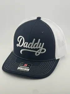 Richardson 112 Unisex Daddy Snapback Hat, Navy Fabric with Bold White Script Embroidery, Breathable Sides, Flat Brim, Playful Fashion Accessory, Embroidered Baseball Cap, Funny Dad Hat Premium Fitted Cap