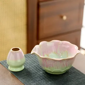 Ceramic Matcha Bowl with Lotus Flower Mouth, Blue Song Dynasty Tea Set, Girls' Teaware, Traditional Japanese Design, Matcha Kit Set