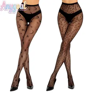 Anygoal Women's 2-Pack Patterned Fishnet Tights, Floral Lace Star Moon Leopard Print High Waist Goth Pantyhose, High Elasticity Sheer Stockings For Daily Wear, Parties And Halloween  Babydoll Nightwear Adjustable