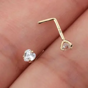 OUFER BODY JEWELRY 14 Karat Gold 20G L-Shape AAAAA+ Grade CZ Nose Piercing Ring - Heart-Shaped Body Jewelry for Daily Wear, Dainty Piercing Jewelry