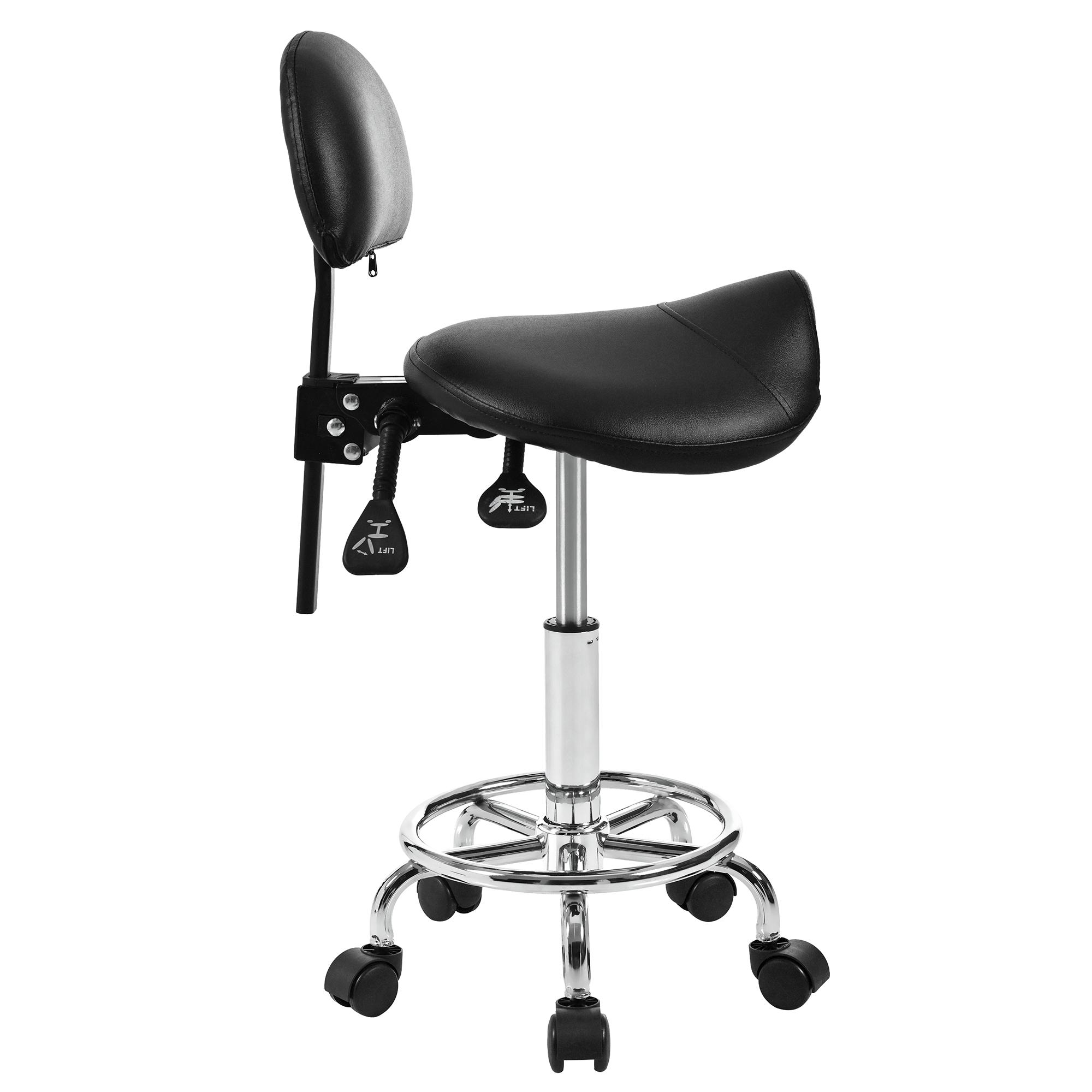 Saddle Stool with Back Support, Rolling Stools with Foot Rest, Ergonomic Adjustable Stool with Wheels, Backrest Adjustable Height & Angle for Salon Spa Tattoo Massage Swivel Stool Chair