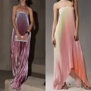 Women's Casual Gradient Color Strapless Pleated Gown - Sexy Lady's Sleeveless Clothes