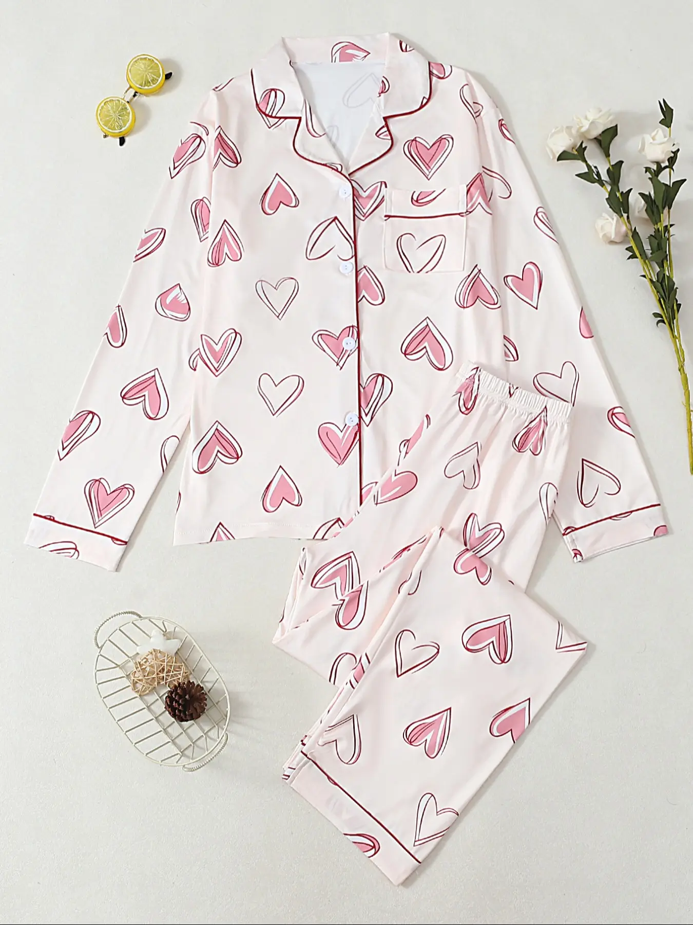 Women's Heart Print Sleepwear Pajama Set, Casual Fashion Trendy, Indoor Outdoor Wear, Stretch Fabric Soft Comfortable Home Clothes Two-Piece, Loungewear