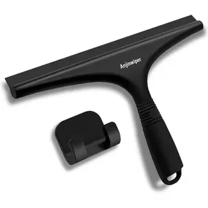 Multi-purpose 10-inch black silicone shower squeegee with hook for shower glass doors, windows, bathrooms, mirrors, and tiles