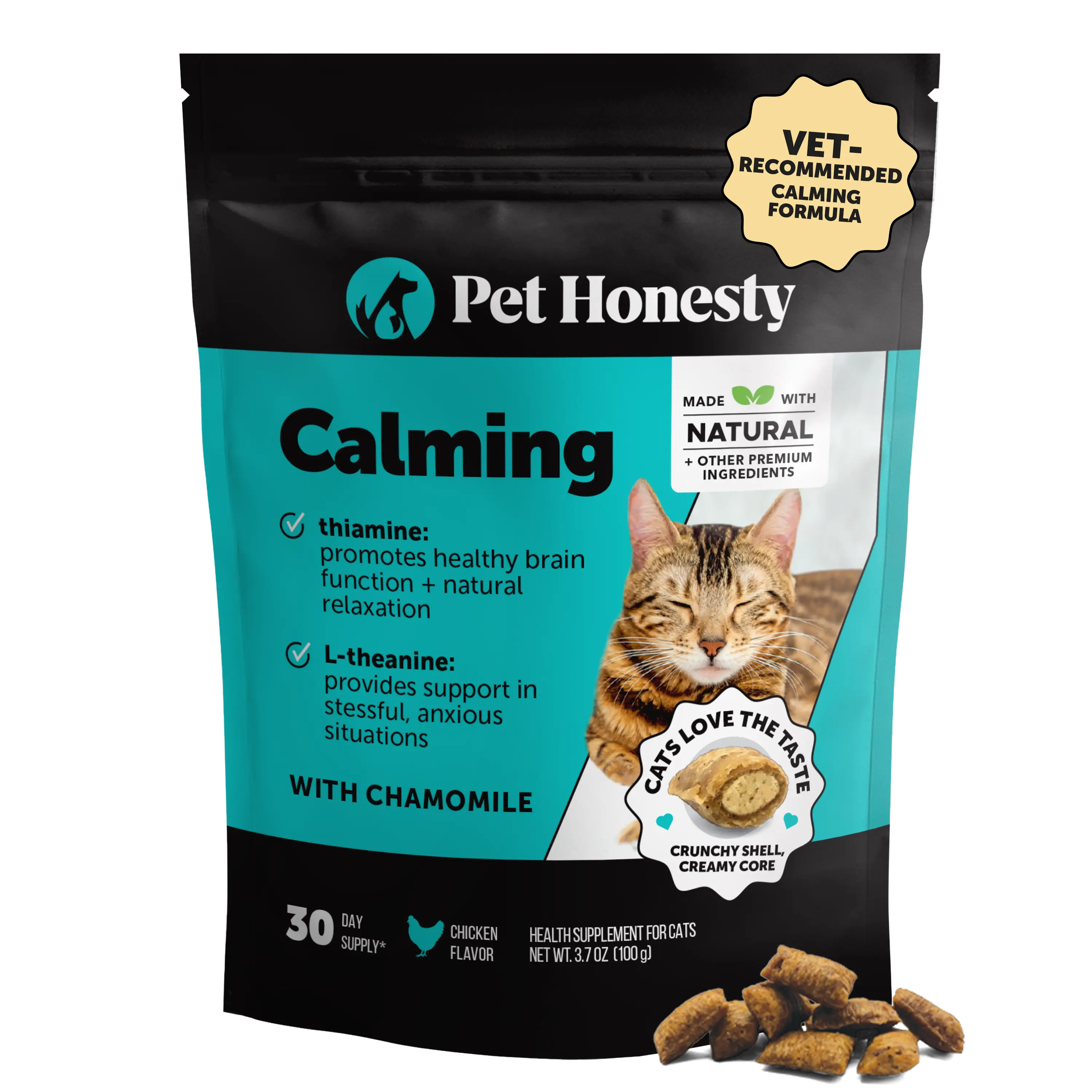 Pet Honesty Dual Texture Calming Treats Supplement for Cats, Anxiety Relief Calming Care with Chamomile, Thiamine & L-Theanine - Chicken