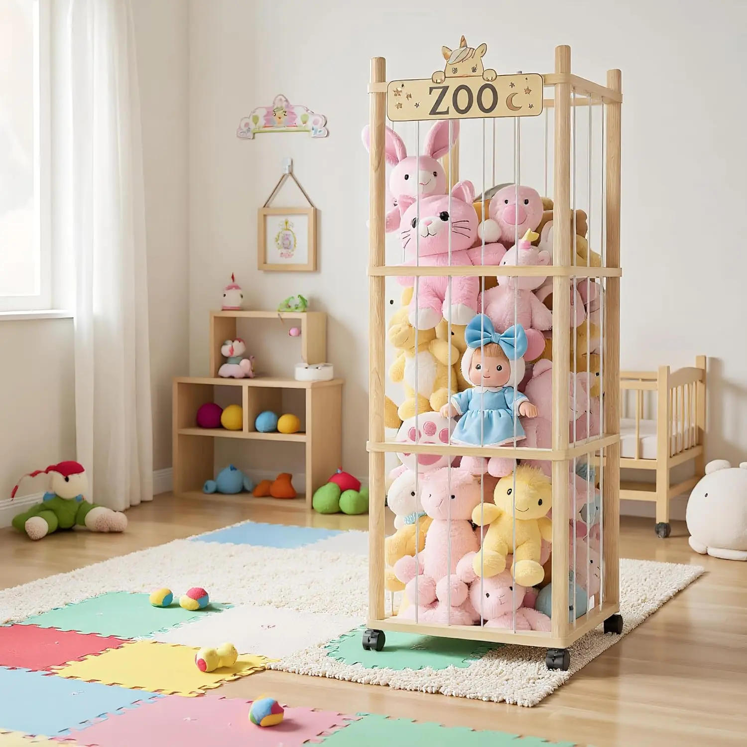 3-Tier Unicorn Theme Solid Wooden Toy Storage Rack - Eco-Friendly, Space-Saving No-Drop Organizer with Elastic Ropes, Smooth Edges, Adjustable Racks, Decor for Playroom