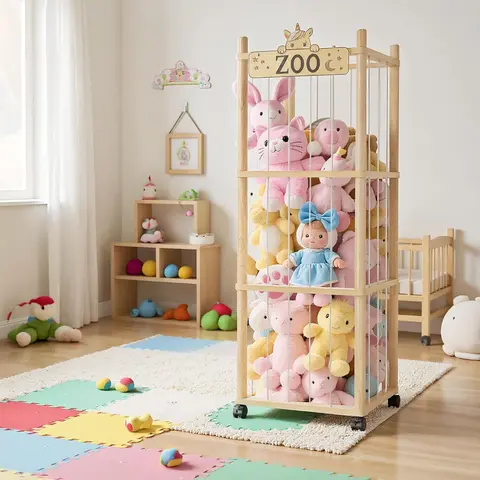 3-Tier Unicorn Theme Solid Wooden Toy Storage Rack - Eco-Friendly, Space-Saving No-Drop Organizer with Elastic Ropes, Smooth Edges, Adjustable Racks, Decor for Playroom
