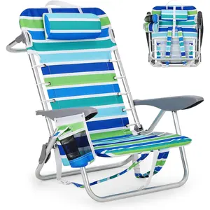 Suspension Folding Beach Backpack Chair, 9" Low Seat 5-Position Lace-Up with Cup Holder, Towel Bar & Built-in Phone Pocket, Lay-Flat