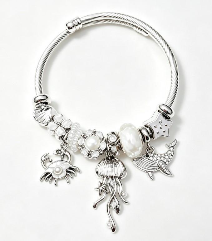 Ocean Pearl Silver Bangle Bracelet, Jellyfish Crab Whale Starfish Charm Twist Cable Bracelet, Summer Beach Sea Animal Bead Jewelry Gift for Women