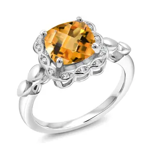 Gem Stone King 2.10 Ct Cushion Checkerboard Yellow Citrine White Created Sapphire 925 Sterling Silver Ring