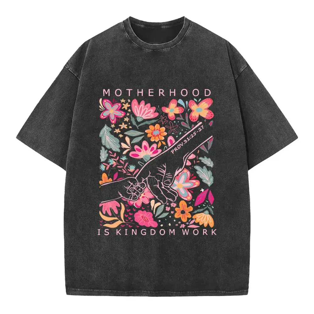 Motherhood Is Kingdom Work Proverbs 31" Washed Gray Oversized T-Shirt - Christian Mom Tee Vintage Washed "Motherhood Is Kingdom Work" Floral Graphic Tee - Faith-Based Mom Streetwear