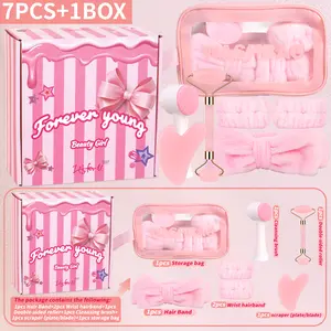7-piece facial cleaning massage combination+exquisite gift box, including manual cleansing brush, facial roller lifting massage, hair band, a set of convenient storage, promoting circulation and ideal tools for facial cleaning.