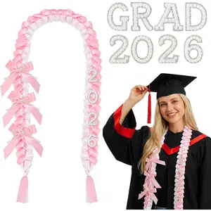 9 Pcs Coquette Graduation Leis&Cords Set 59 Inch Pink Ribbon Lei with Pearl Bows and Patches for 2026 Graduate Gifts