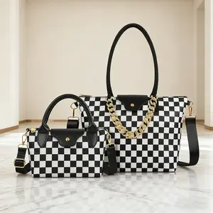 Checkered Crossbody Bag Set for Women, Stylish Lightweight Tote Handbag with Shoulder Strap and Chain, Minimalist Purse for Daily Use and Commuting