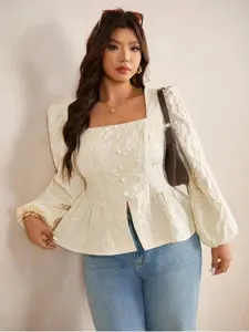 Elegant Women's Plus Size Square Neck Floral Embroidered Long Sleeve Shirt, All Seasons Casual Fashion Top, Comfortable Fit