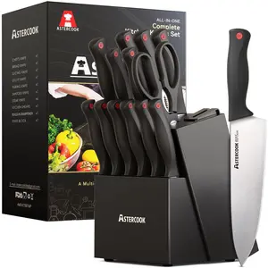 Astercook 14-Piece Knife Set, High Carbon German Stainless Steel, Built-in Sharpener, Sharp & Rust-Resistant, Dishwasher Safe, Black.
