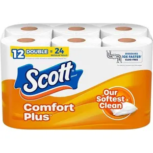 Scott ComfortPlus Toilet Paper, 12 Double Rolls, 231 Sheets per Roll, Septic-Safe, 1-Ply Toilet Tissue, Kitchen Wipes