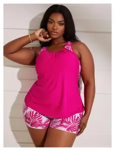 Women's Rose Red Bikini Set - Tummy Control High Waist Swimsuit, Ruffled Racerback Crop Top, Tropical Leaf Lining, Two Piece Bathing Suit for Women, Plus Size Available - Up to 4XL