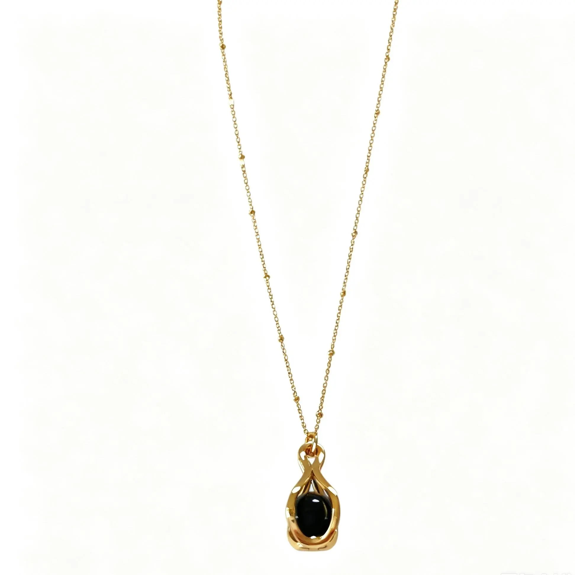 Twisted  Frame Natural Black Onyx Pendant Dainty Satellite Bead Chain Necklace