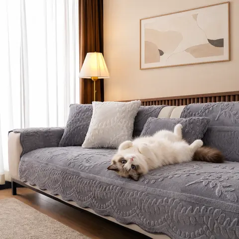 Raybee Gift Choice 1 Count Sofa Cover for 1-4 Seater NO BACK OR ARMREST Solid Color Jacquard Sofa Protector, Anti-slip Couch Bench Cover, Machine Washable Slipcover, Pet-friendly sofa Towel Mat for Home, Living Room, Dormitory, Hotel, Beige, Gray