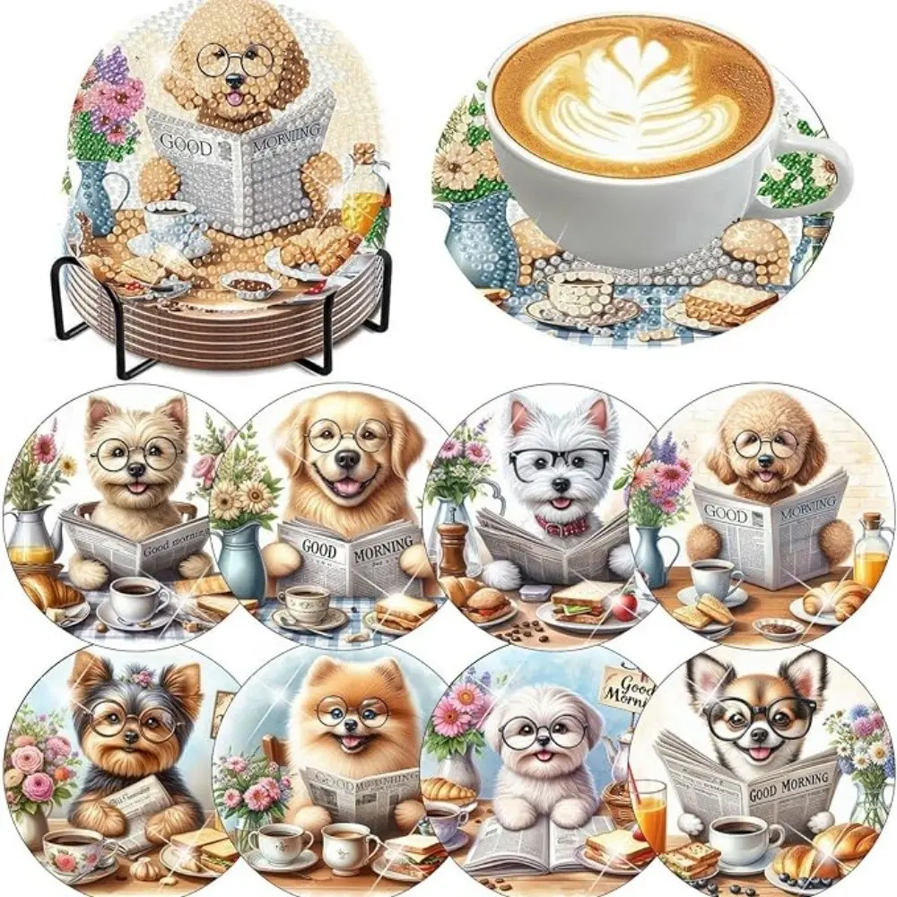 8-piece set animal dog pattern diamond painted coaster set, Decorative Coaster, sparkling rhinestone heat-resistant drink pad with stand, DIY coaster for beginners, diamond kit craft supplies, gift, Drink Coasters