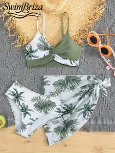 Briza｜Twist Front Matte Tropical Palm Leaf High Waisted Bikini Sets With Tie Sarong For Swimsuits 2 Piece Styling And Two-Piece Swimsuit As Vacation Swimwear For Women With Swimsuit Cover Up For Women And Bathing Suits Bikini