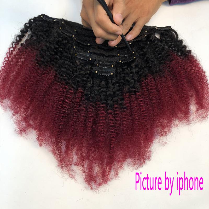 "12-20 Inch Remy Human Hair Clip In Extensions, Silky Straight Ombre Color Afro Kinky Texture, 8 Pcs/Set, Soft & Natural Hair Extensions for Women 120g/Pack "	