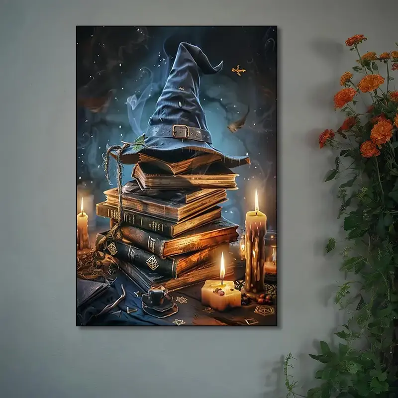Mystical Witch Hat and Spellbooks Print Poster | Frameless Magic-Themed Wall Art | Waterproof Home & Office Decor