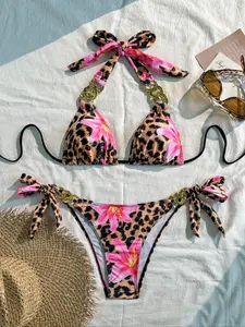 Two-Piece Set Women's Leopard & Floral Print halter string bikini Bikini Set, Casual Fashion Summer Beach Bikini Tropical Print Swimsuit Set for Beach Holiday Vacation, Ladies Swimwear for All Seasons