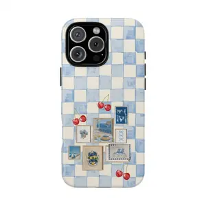 Retro Blue Gingham Smartphone Case - Durable Casing with Wavy Lines, Modern Floral Design for iPhone 11,12,13,14,15 Pro,16,17 Pro Max| Mobile Phone Accessories Shell