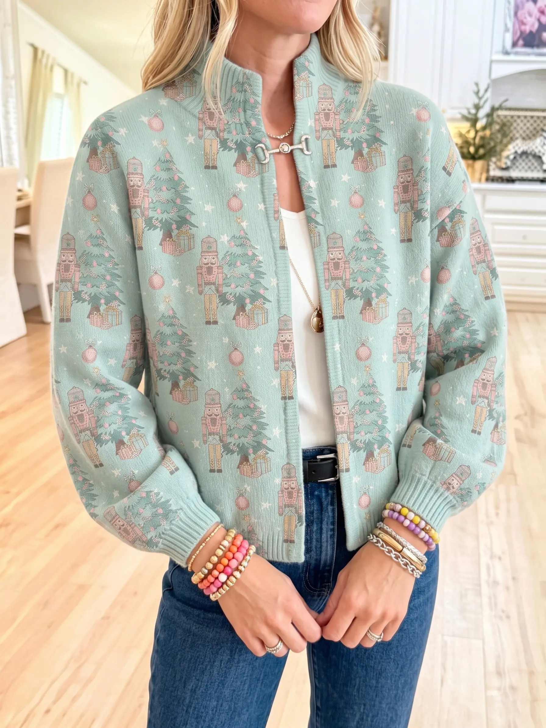 Women's Christmas Nutcracker Print Mock Neck Knitwear - Open Front, Cozy Casual Everyday Comfortable Winter Festive Holiday Outerwear Top