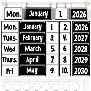 Black White Flip Calendar Bulletin Board Set Black Calendar for Classroom Whiteboard Decor with 2026 to 2030 Years Date Cards and Adjustable Rod for Home Elementary Back to School Teacher Supplies