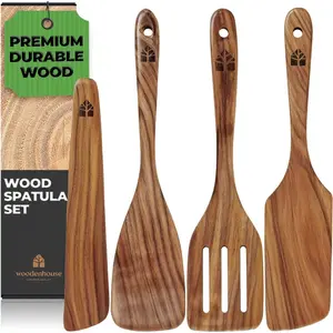 Wooden Cooking Spatulas-Teak Spatulas for Kitchen Use - Set of 4 Wooden Cooking Utensils Including Paddle, Turner, Slotted Spurtle and Wood Scraper - For Nonstick Cookware