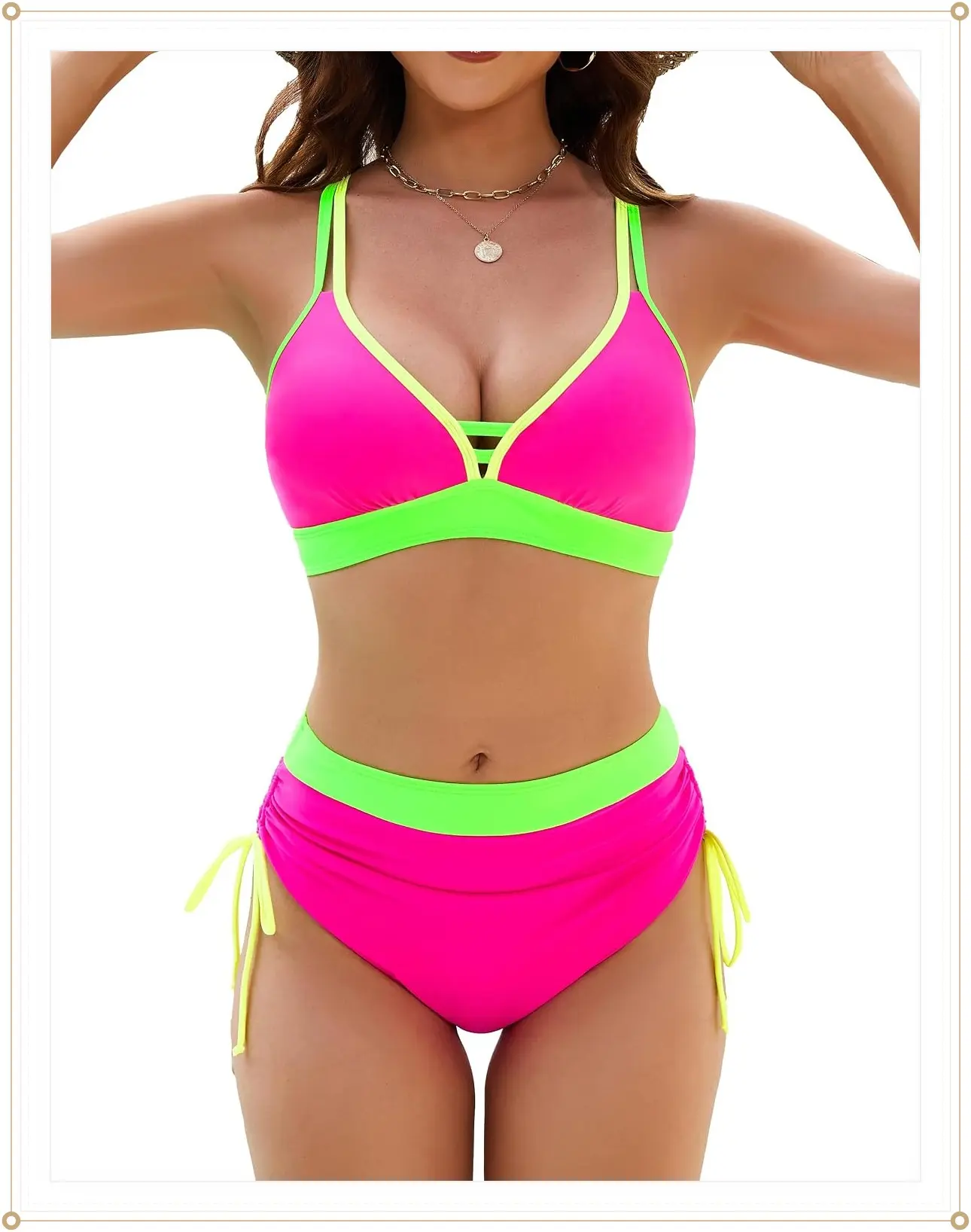 Edelqual 2 Piece Bikini Set for Women 2026 Sexy Neon Color Block Swimsuits High Waisted Tummy Control Crisscross Tie BackGift