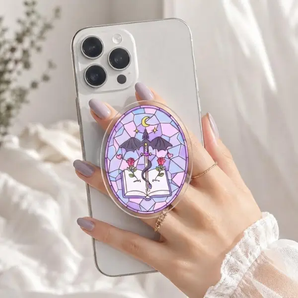 Stained Glass Fantasy MagSafe Phone Grip, Sword & Rose Aesthetic Bookish PopSocket, Magical Dragon Reader Accessory, Romantic Fantasy Gift, BookTok Merch