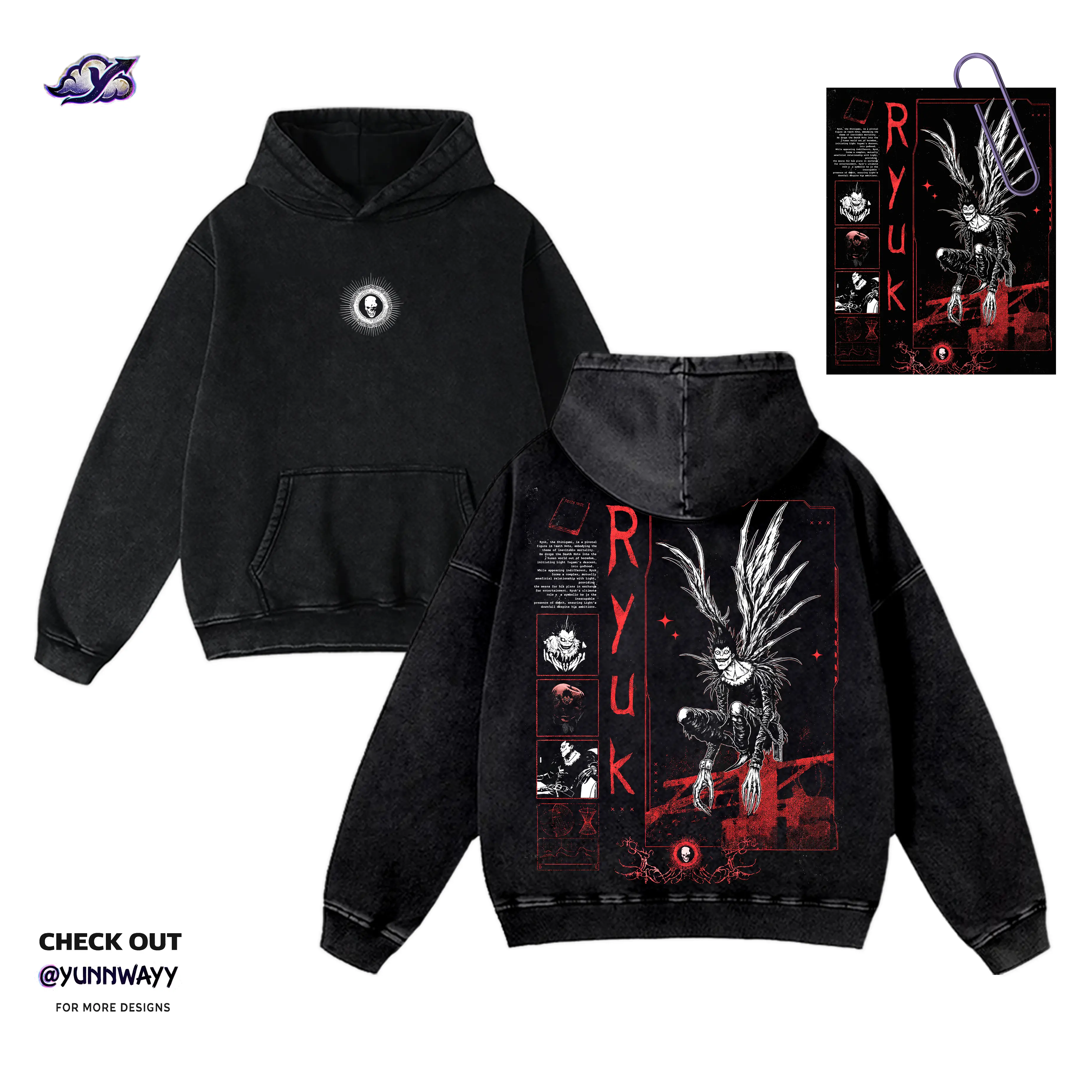 Vintage Bootleg Ryuk Death Note Dark Graphic Acid Wash Hoodie, Unisex Heavyweight 350gsm Cotton, Comfortable Long Sleeve Streetwear Casual Style, Christmas Halloween Gift for Anime Fans Pullover Sweatshirts