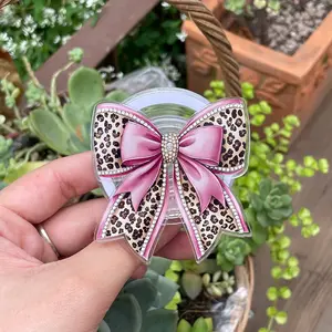 Pink Leopard Pearl Bow MagSafe Phone Grip - Magnetic Phone Stand Holder - Glam Coquette Accessory