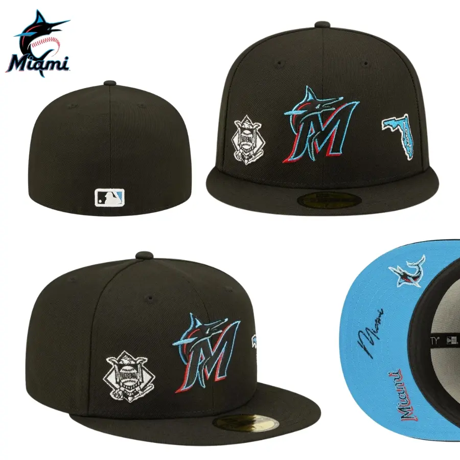 New Era Miami Marlins 59FIFTY Fitted Baseball Cap Flat Brim Hat Black Embroidered Marlins Logo Florida Side Patch MLB Fitted Hat Sports Headwear Streetwear Hip Hop Unisex Cooperstown Collection Limited Edition Collectible
