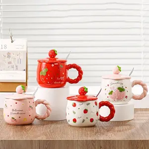 Strawberry Pattern Ceramic Mug, 4 Counts/set Cute Large Capacity Coffee Cup, Drinking Cup for Home Office Use, Gift for Girls, Drinkware