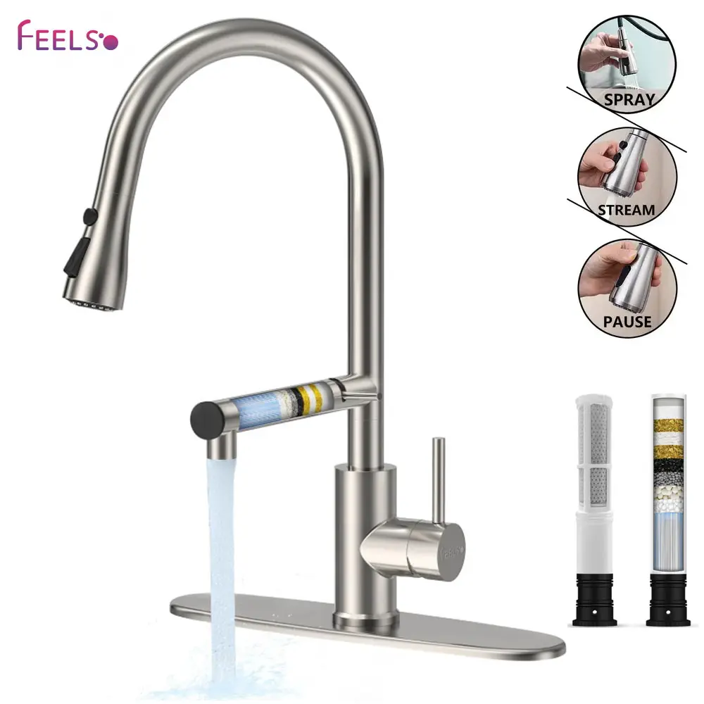 FEELSO Kitchen Faucets, Upgraded Filter Water Kitchen Faucet with Pull Down Sprayer, Brushed Nickel Stainless Steel High Arc 1 Or 3 Hole Kitchen Sink Faucet for Remove Lead, Chlorine, Bad Taste & Odor