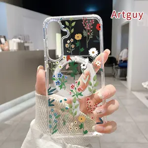 Magnetic Phone case for  Samsung Galaxy S26 Edge S23 Ultra S24 Plus FE S25 S22+ Floral Whimsy Delight Pattern Non-Yellowing Shockproof Soft Silicone Transparent Acrylic Large Hole Cover Supports Wireless Charging