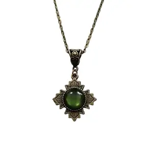 Vintage Necklace Bronze Cross Pendant with Green Stone Medieval Victorian Gothic Style