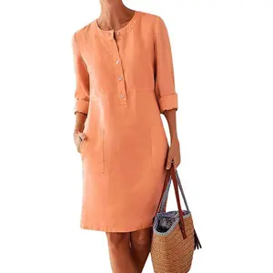 Linen 3/4 Sleeve Midi Dress for Women with Pockets Causal Summer Cotton Shift Knee Length Beach Vacation Dresses