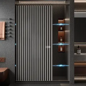 GRANEAT Magnetic Folding Shower Curtain - High Quality UV Protection, Artistic Striped Design, Space-Saving Invisible Dry-Wet Partition for Modern Bathrooms, Durable Fabric with Easy Magnetic Installation, Shower Curtain Sets for Bathrooms Dark Gray