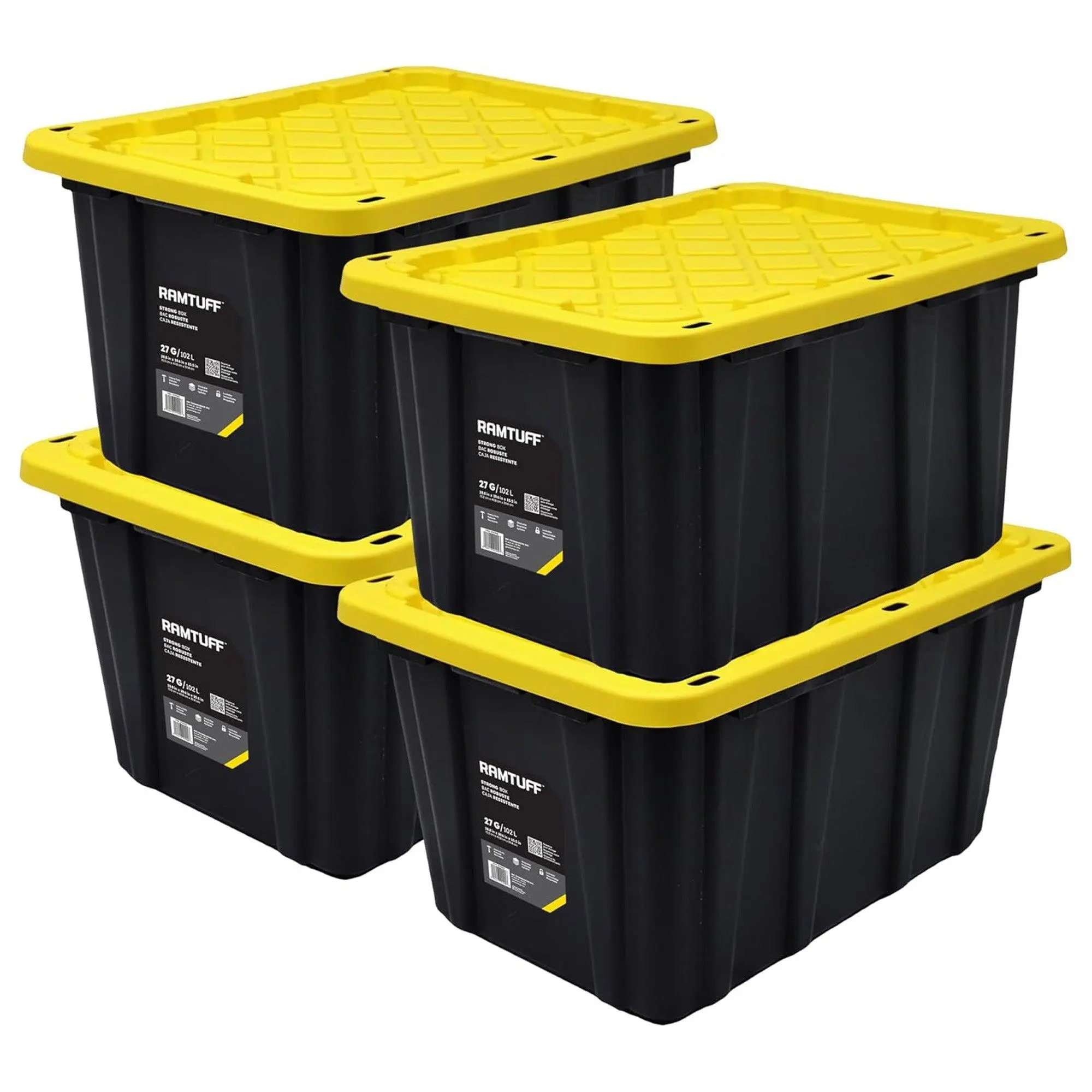 Ramtuff 4 Pack Heavy Duty Stackable Storage Container, Snap-Tight Lid, 27 Gallon Ramtuff 4 Pack Heavy Duty Stackable Storage Container, Snap-Tight Lid, 27 Gallon