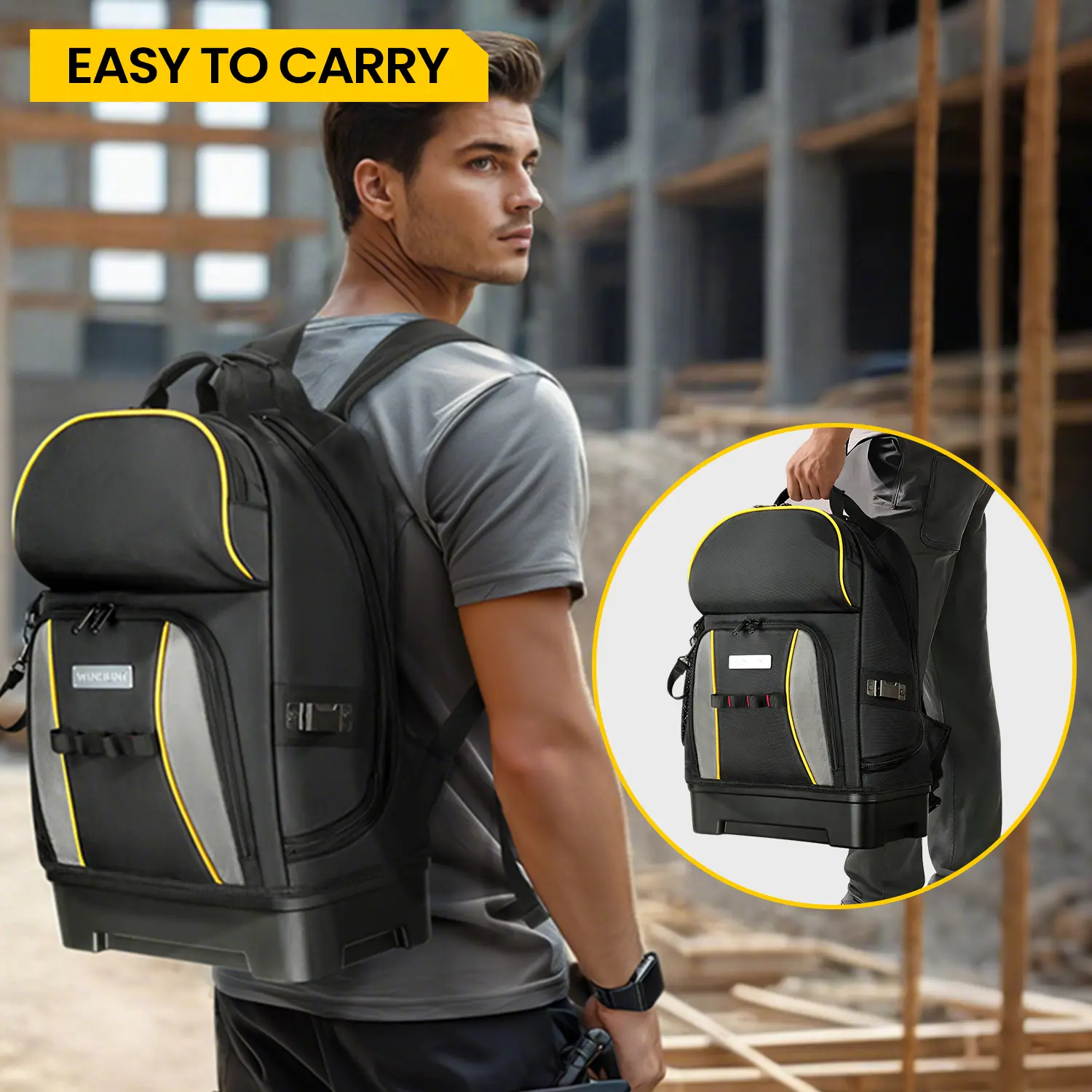 Heavy Duty Waterproof Tool Backpack for Men (31x17x47 cm) - Molded Base, 27-Pocket Organizer Bag for Electricians, Easy-to-Carry Tool Bag Roll, Black